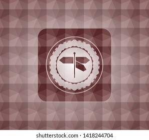 directions sign icon inside red emblem with geometric background. Seamless.