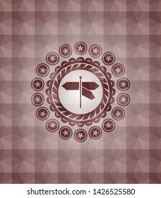 directions sign icon inside red seamless badge with geometric background.