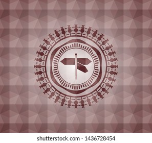 directions sign icon inside red seamless geometric emblem.