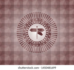 directions sign icon inside red seamless emblem with geometric background.