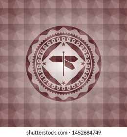directions sign icon inside red seamless geometric emblem.