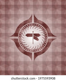 directions sign icon inside red emblem with geometric pattern. Seamless. 