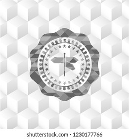 directions sign icon inside retro style grey emblem with geometric cube white background