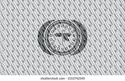 directions sign icon inside silver shiny badge. Scales pattern. Vector Illustration. Detailed.