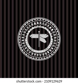 directions sign icon inside silvery badge or emblem. 