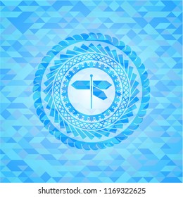 directions sign icon inside sky blue emblem with triangle mosaic background