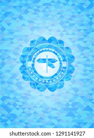directions sign icon inside sky blue emblem with triangle mosaic background