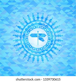 directions sign icon inside sky blue emblem with triangle mosaic background