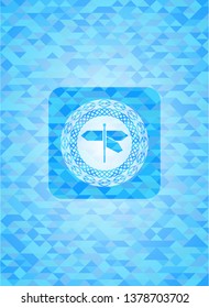 directions sign icon inside sky blue emblem with triangle mosaic background