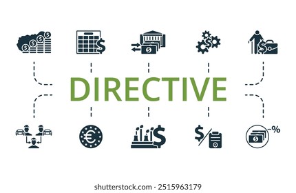 Conjunto de ícones de diretiva. Coleção de ícones de Diretiva simples monocromática. Crescimento Econômico, Exercício Financeiro, Política Orçamental, Serviços Financeiros, Pensão Salarial Final, Externalidades, Centro Europeu, Empresa