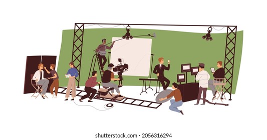 Director, cameraman, actors at film-making process. People with cameras of video production industry, recording movie in studio. Flat vector illustration of TV staff isolated on white background