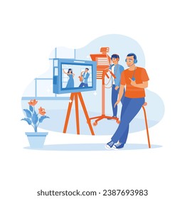 The director and cameraman are filming a music event. The male model is playing music, and the female is singing in the studio. Video Editor concept. trend modern vector flat illustration