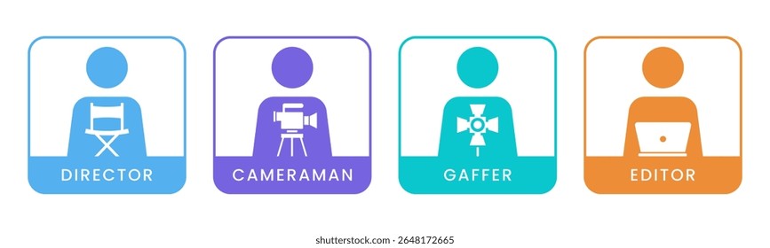 Diretor, Cameraman, Gaffer, Ícone Editor definir vetor de ilustração. Quadrado Interno