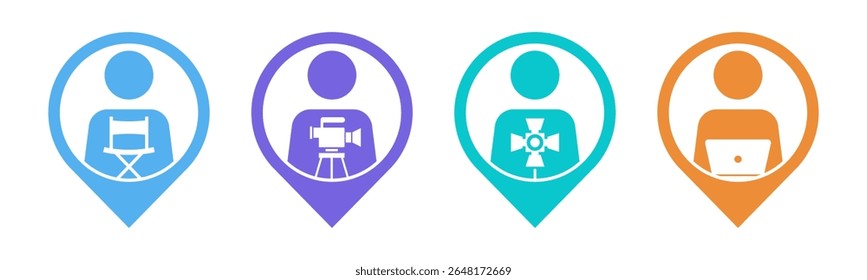 Director, Cameraman, Gaffer, Editor with pin location icon set illustration vector.