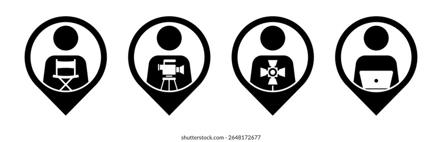 Director, Cameraman, Gaffer, Editor with pin location icon set illustration vector.