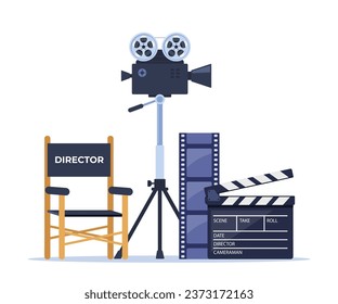 Director de silla, cámara, iluminación, tablero, tira de película. Películas, cine y equipos profesionales para grabar película Ilustración vectorial