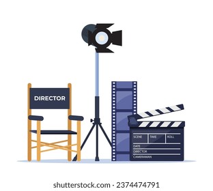 Director chair, camera, lighting, clapperboard, filmstrip. Movie, cinema making professional equipment for recording film Vector illustration