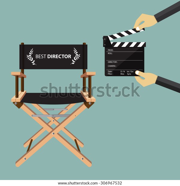 Director chair in flat design with movie\
clapperboard. Vector\
Illustration