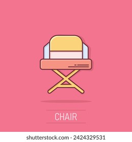 Director chair icon in comic style. Producer seat cartoon vector illustration on isolated background. Movie splash effect business concept.
