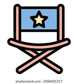 Director Chair Icon Filmmaking Authority in Flat Line Color Style.