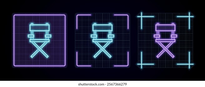 Director chair illustration, cyber neon visual, glowing border grid vector.