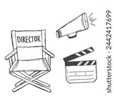 director chair and movie clapperboard vector sketch illustration