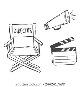 director chair and movie clapperboard vector sketch illustration