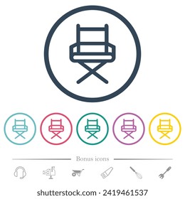 Director chair outline flat color icons in round outlines. 6 bonus icons included.