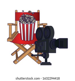 director chair with pop corn bucket and cinema camera over white background, vector illustration