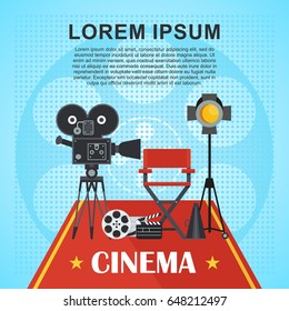 Director Chair And Searchlight, Film, Clapper. Template Film Poster For Movie Theater. Cinema Concept. Flat Vector Cartoon Illustration. Objects Isolated On A White Background.