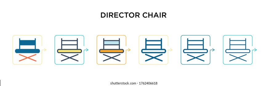 Director chair vector icon in 6 different modern styles. Black, two colored director chair icons designed in filled, outline, line and stroke style. Vector illustration can be used for web, mobile,