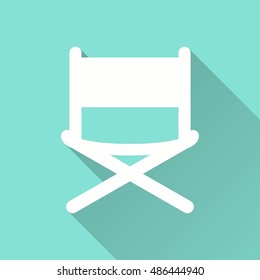 Director chair vector icon with long shadow. White illustration isolated on green background for graphic and web design.