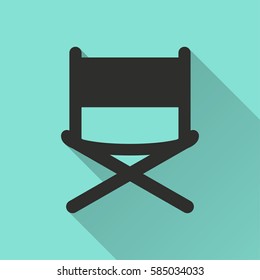 Director chair vector icon with long shadow. Black illustration isolated on green background for graphic and web design.