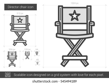Ícone de linha de vetor da cadeira do diretor isolado no fundo branco. Ícone da linha da cadeira do diretor para infográfico, site ou aplicativo. Ícone escalável projetado em um sistema de grade.