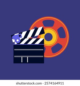 Director clapperboard and tape reel in flat design. Cinema and movie production. Vector illustration isolated.