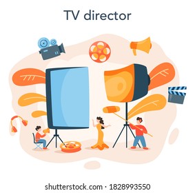 Director concept illustration. Idea of creative people and profession. Movie or tv director leading a filming process. Film making equipment. Isolated vector illustration