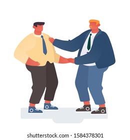 Director Felicitar al trabajador por el trabajo exitoso. Confiado Jefe de Empresa Empresario dando la mano al empleado de oficina aislado de fondo blanco. Ilustración de vectores planos de dibujos animados de éxito empresarial