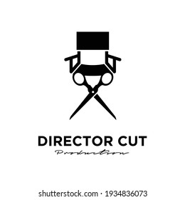 Director cut behind the scene editing Studio Movie Video Cinema Cinematography Film Production concept scissors and director chair logo design vector icon illustration Isolated White Background