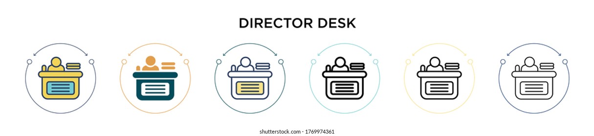 Director desk icon in filled, thin line, outline and stroke style. Vector illustration of two colored and black director desk vector icons designs can be used for mobile, ui, web