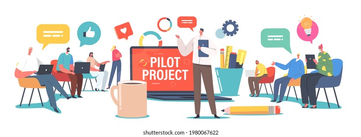 Director and Employees Focus Group Meeting. Tiny Businesspeople around Huge Laptop Discuss Pilot Start Up Project and Solving Finance Issues. Brainstorm, Conference. Cartoon People Vector Illustration