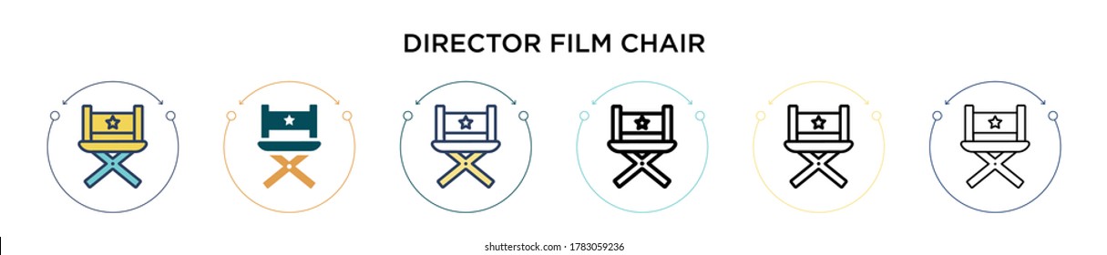 Director film chair icon in filled, thin line, outline and stroke style. Vector illustration of two colored and black director film chair vector icons designs can be used for mobile, ui, web