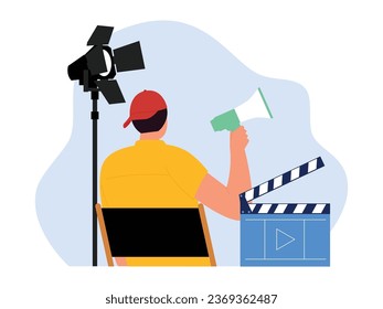 Director sosteniendo megáfono para guiar a los actores en la actuación, clapboard para establecer la escena, la industria cinematográfica ilustración vectorial.