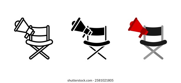 Director icon. Film industry leadership sign. Movie production chair and megaphone symbol. Hollywood filmmaking pictogram. Cinema studio equipment illustration