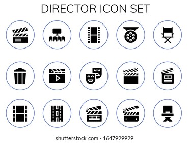 Regisseur-Icon-Set. 15 gefüllte Regisseur-Symbole.  Einfache, moderne Symbole wie: Clapperboard, Popcorn, Kino, Clapper, Film, Theater, Film, Regisseur, Film, Streifen