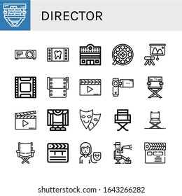 director icon set. Collection of Film, Projector, Cinema, Clapperboard, Videocamera, Director chair, Theater, Directors chair, Clapper, Actor, Director icons