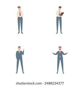 Director icons set cartoon vector. Young male executive in business suit. Work, career