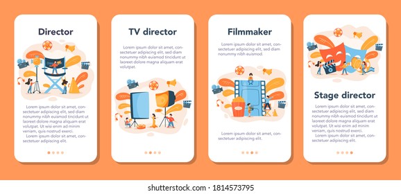 Director mobile application banner set. Idea of creative people and profession. Movie or tv director leading a filming process. Film making equipment. Isolated vector illustration