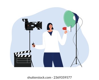 The director monitors the progress of the film being made, lighting, camera, clapboard, equipment for filming, film industry vector illustration.