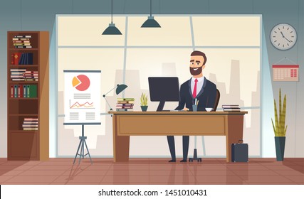 Director office. Interior businessman sitting at the table vector office cartoon picture. Office desk, manager room, interior, of director cabinet illustration