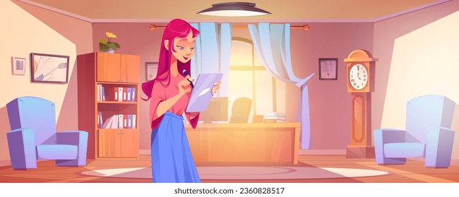 Director office room with woman standing near desk. Female principal with tablet in cabinet cartoon background. Young employee girl on workplace with computer, lamp, wooden table, armchair and clock.